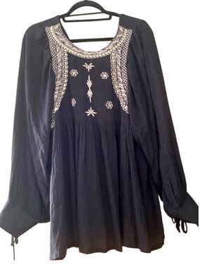 Anandas Collection Embroidered Peasant Blouse Boho Sequin Black Tunic M